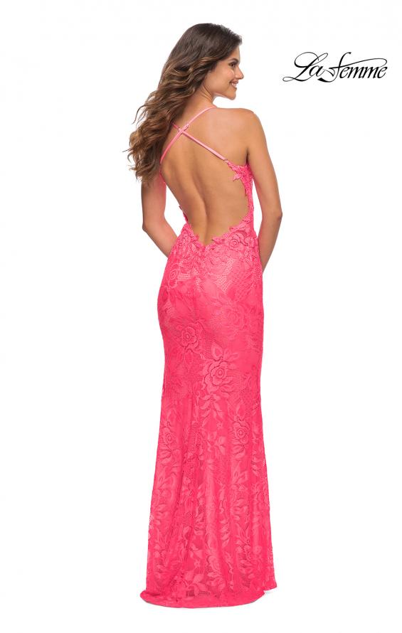 Picture of: Lace Prom Dress with Illusion Embellished Sides in Neon Colors in Neon Pink, Detail Picture 5