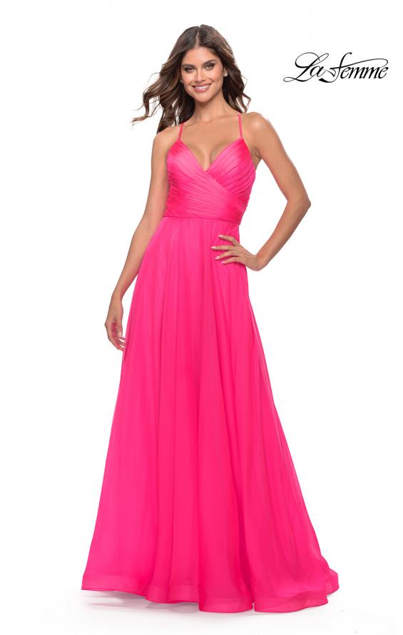 Picture of: Chiffon Prom Dress with Ruched Bodice and Slit in Neon Pink, Style: 30840, Detail Picture 5