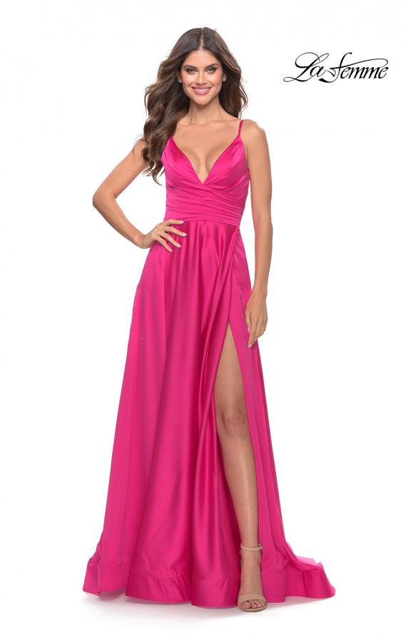 Picture of: A-Line Satin Gown with Ruched Bodice and V Neck in Neon in Neon Pink, Style: 31121, Detail Picture 5