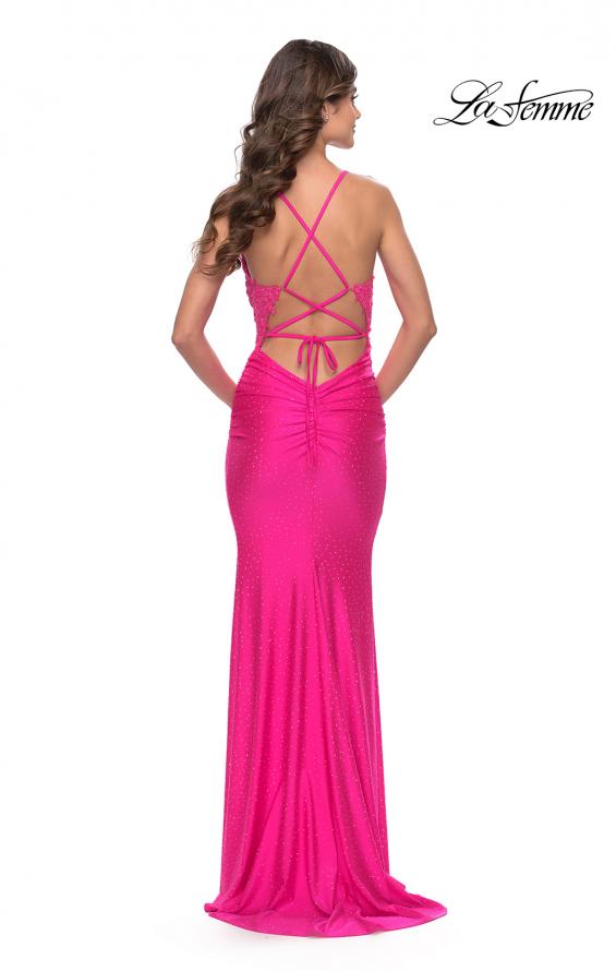 Picture of: Open Lace Up Back Long Gown with Lace Side Detail in Neon Pink, Style: 31365, Detail Picture 5