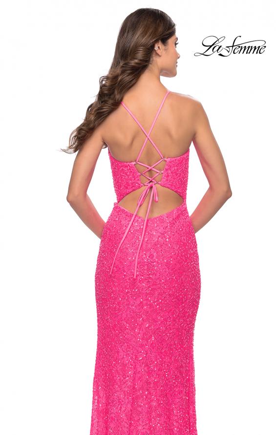 Picture of: Beaded Lace Gown with High Slit and V Neck in Neon Pink, Style: 31388, Detail Picture 5