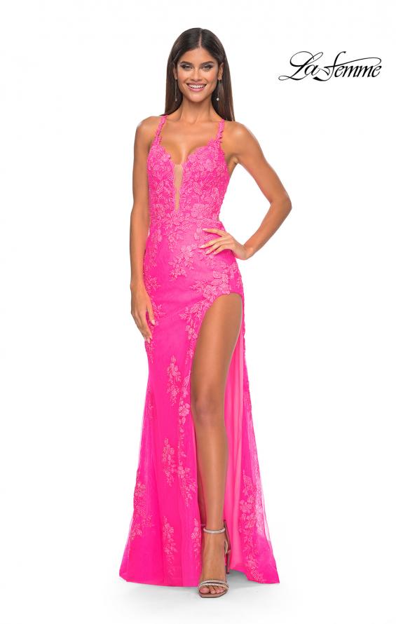 Picture of: Lace Fitted Dress with Deep V Neckline and Lace Applique in Neon Pink, Style: 32205, Detail Picture 5