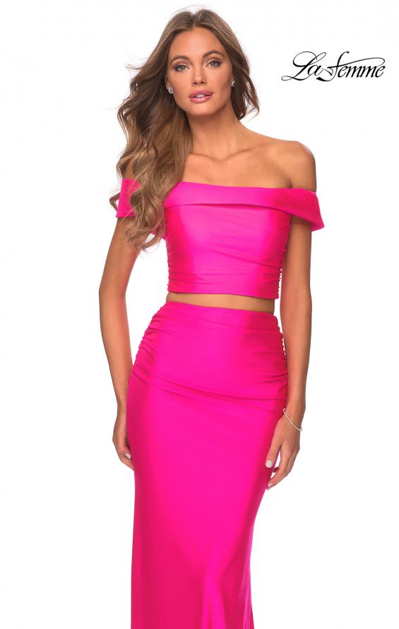 Picture of: Neon Two Piece Prom Dress with Off the Shoulder Top in Neon Pink, Style: 29146, Detail Picture 6