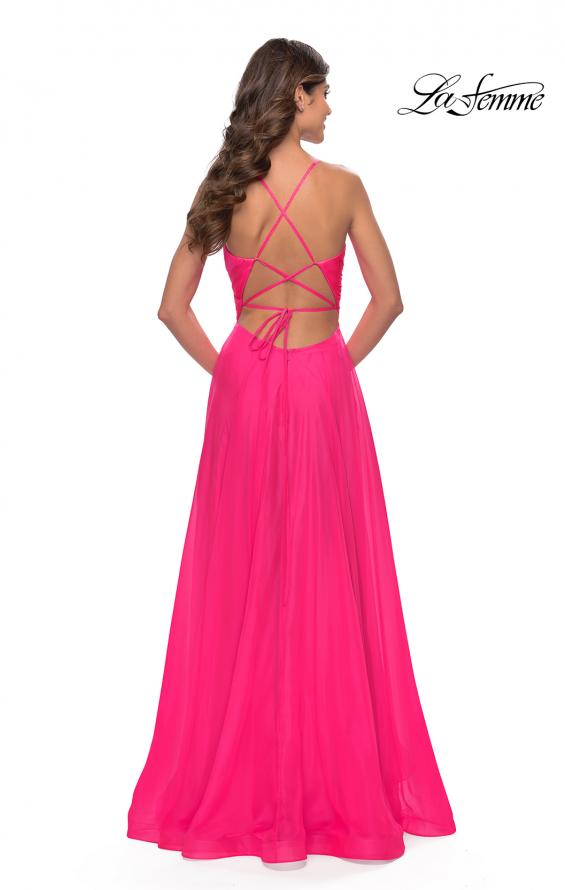 Picture of: Chiffon Prom Dress with Ruched Bodice and Slit in Neon Pink, Style: 30840, Detail Picture 6