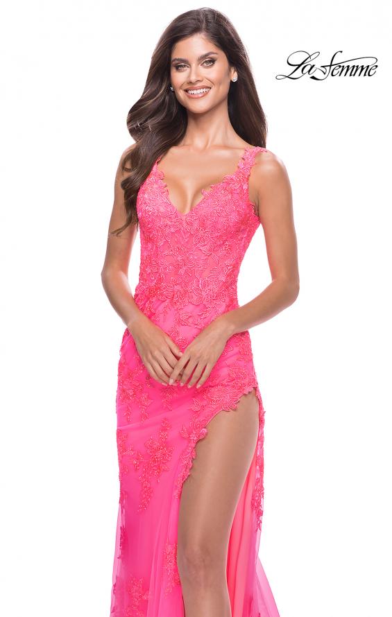 Picture of: Lace Long Dress with High Side Slit and V Neckline in Neon Pink, Style: 31125, Detail Picture 6