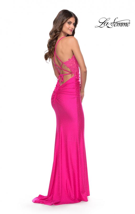Picture of: Open Lace Up Back Long Gown with Lace Side Detail in Neon Pink, Style: 31365, Detail Picture 6