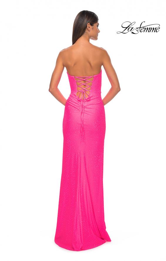 Picture of: Strapless Fitted Rhinestone Embellished Gown with Knot Detail in Neon Pink, Style: 32175, Detail Picture 6