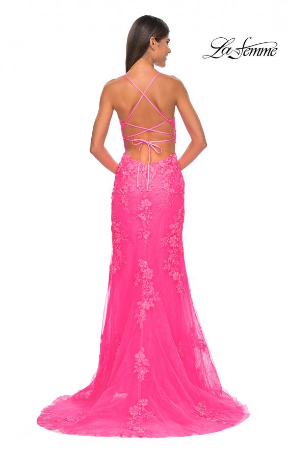 Picture of: Lace Fitted Dress with Deep V Neckline and Lace Applique in Neon Pink, Style: 32205, Detail Picture 6