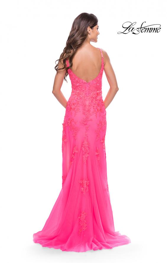 Picture of: Lace Long Dress with High Side Slit and V Neckline in Neon Pink, Style: 31125, Detail Picture 7
