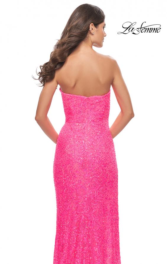 Picture of: Beaded Lace Strapless Dress with High Side Slit in Neon Pink, Style: 31351, Detail Picture 7