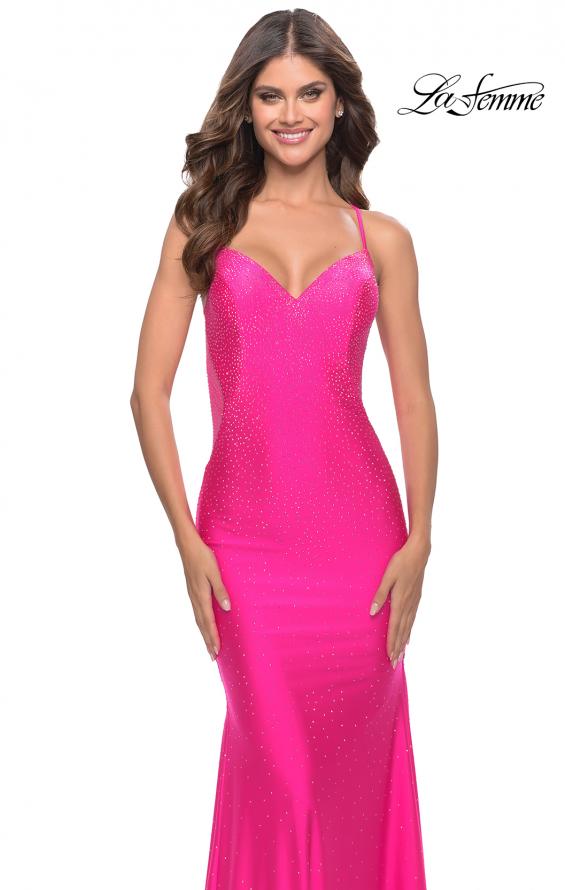 Picture of: Dramatic Rhinestone Dress with Sheer Details and Train in Bright Colors in Neon Pink, Style: 31403, Detail Picture 7