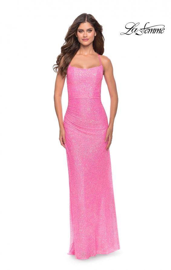 Picture of: Ruched Sequin Prom Dress with High Side Slit in Neon Pink, Style: 31405, Detail Picture 7