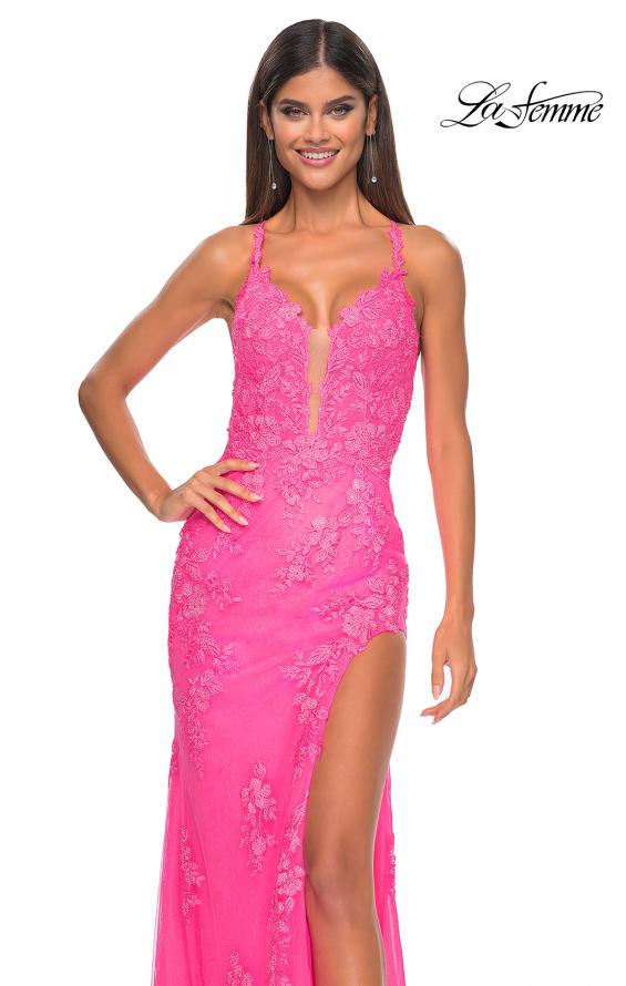 Picture of: Lace Fitted Dress with Deep V Neckline and Lace Applique in Neon Pink, Style: 32205, Detail Picture 7