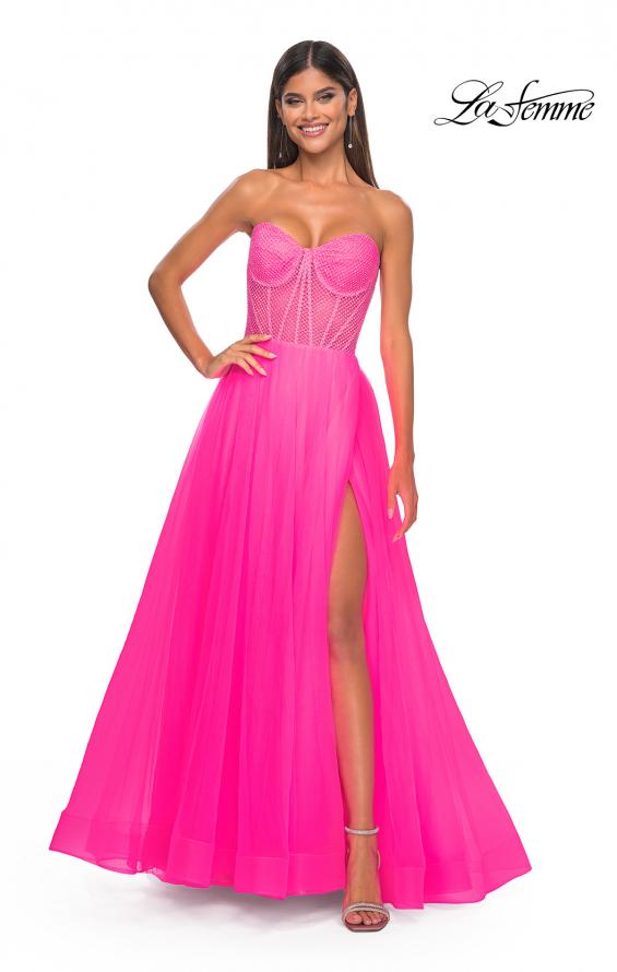 Picture of: Neon A-Line Tulle Prom Dress with Rhinestone Fishnet Bodice in Neon Pink, Style: 32445, Detail Picture 7