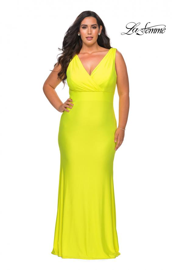 Picture of: Neon Plus Size Jersey Dress with Faux Wrap Bodice in Neon Yellow, Style: 29016, Detail Picture 5
