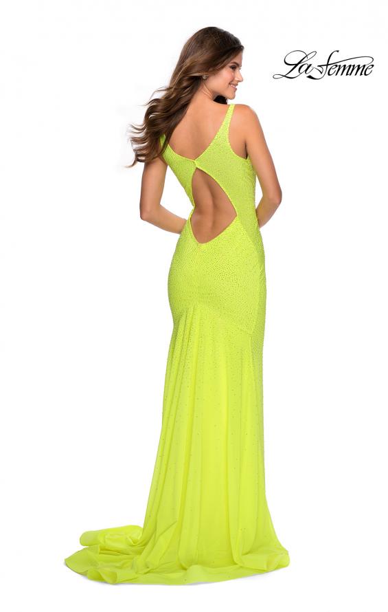 Picture of: Fully Beaded Long Prom Gown with Keyhole Back in Neon Yellow, Style: 28760, Back Picture