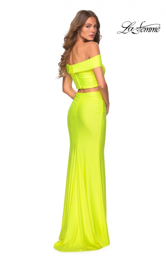 Picture of: Neon Two Piece Prom Dress with Off the Shoulder Top in Neon Yellow, Style: 29146, Back Picture