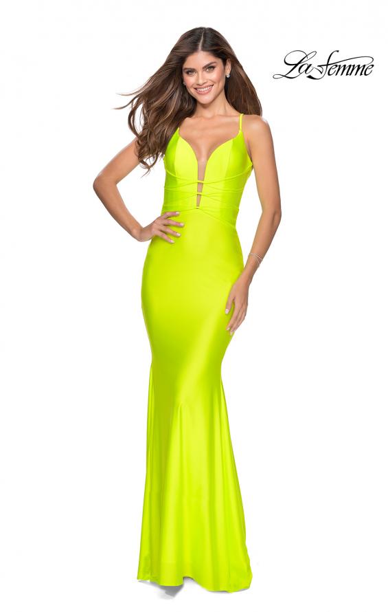Picture of: Triple Knotted Jersey Prom Dress with Tie Up Back in Neon Yellow, Style: 28905, Detail Picture 2