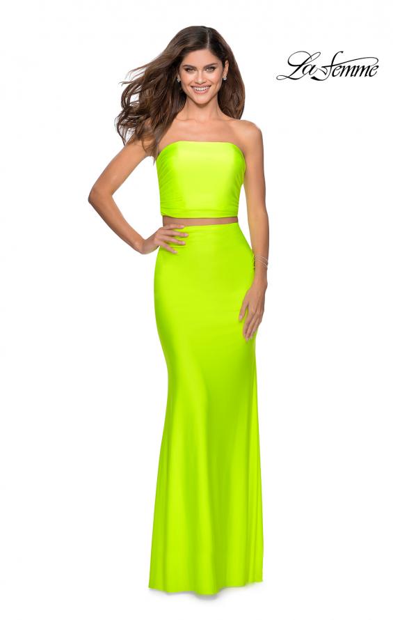 Picture of: Tube Top Two Piece Long Neon Prom Dress in Neon Yellow, Style: 28972, Detail Picture 2