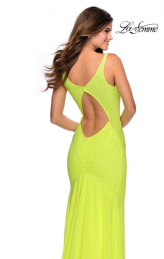 Picture of: Fully Beaded Long Prom Gown with Keyhole Back in Neon Yellow, Style: 28760, Detail Picture 3