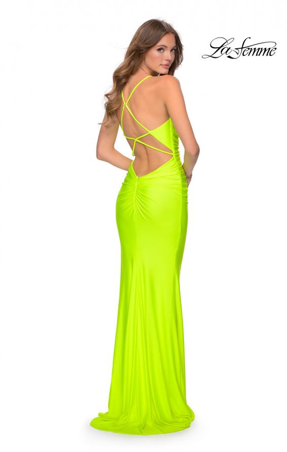 Picture of: Neon Prom Dress with Ruching and Strappy Back in Neon Yellow, Style: 29020, Detail Picture 3