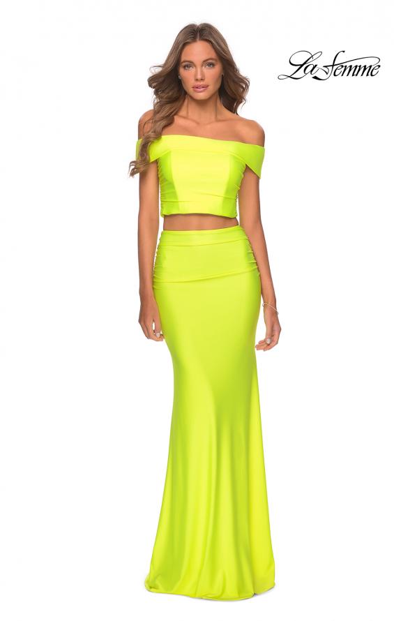 Picture of: Neon Two Piece Prom Dress with Off the Shoulder Top in Neon Yellow, Style: 29146, Detail Picture 3