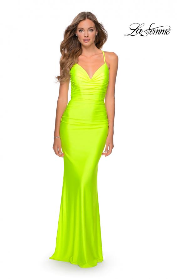 Picture of: Neon Prom Dress with Ruching and Strappy Back in Neon Yellow, Style: 29020, Detail Picture 7
