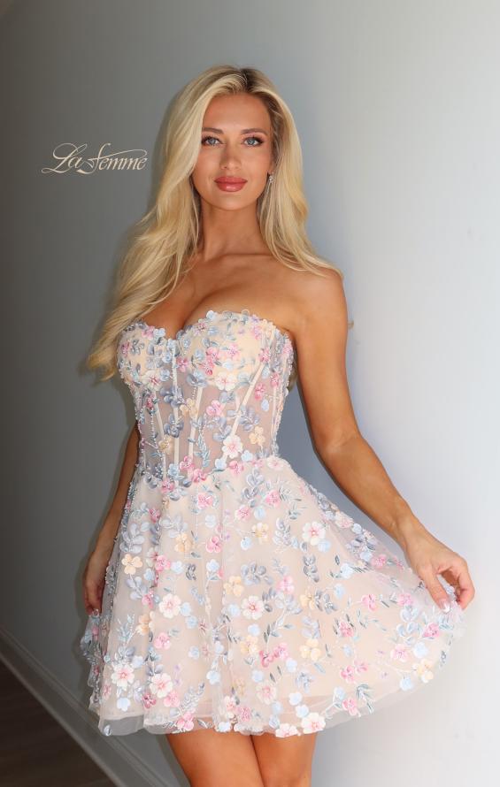 Blue Picture of: Strapless Floral Applique Mini Dress in Nude, Style 33284, Main Picture
