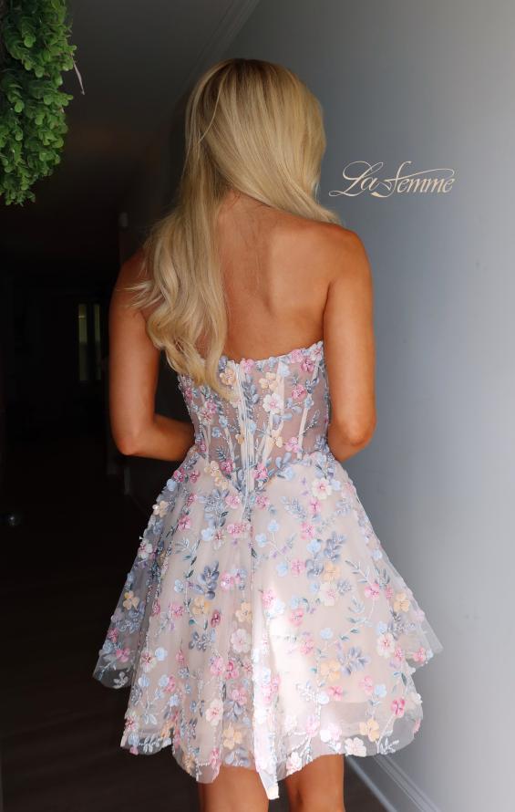 Blue Picture of: Strapless Floral Applique Mini Dress in Nude, Style 33284, Back Picture