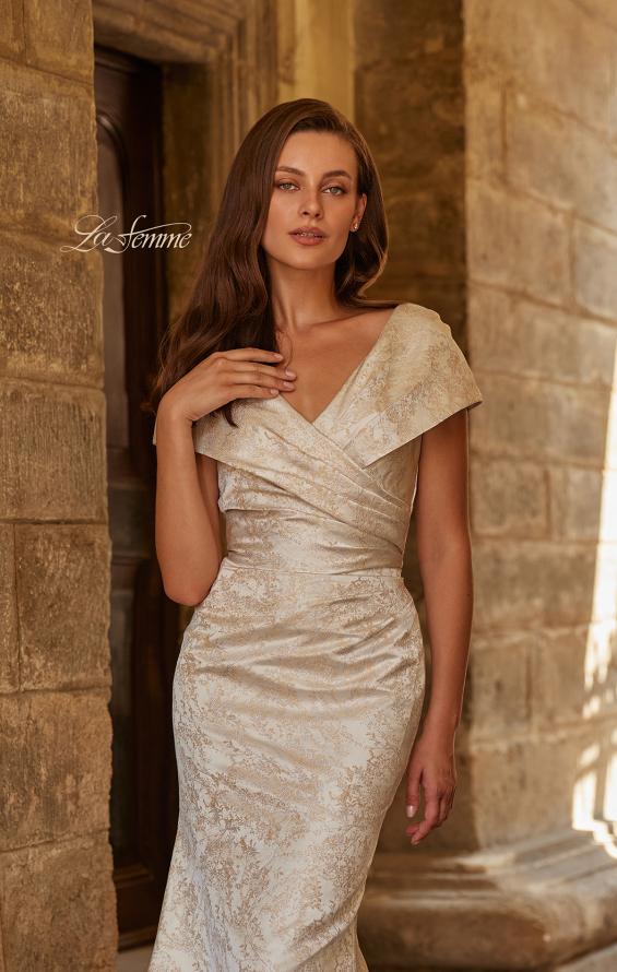 Picture of: Jacquard Off-Shoulder Gown with Folded Collar in Nude, Style: 33428, Detail Picture 3