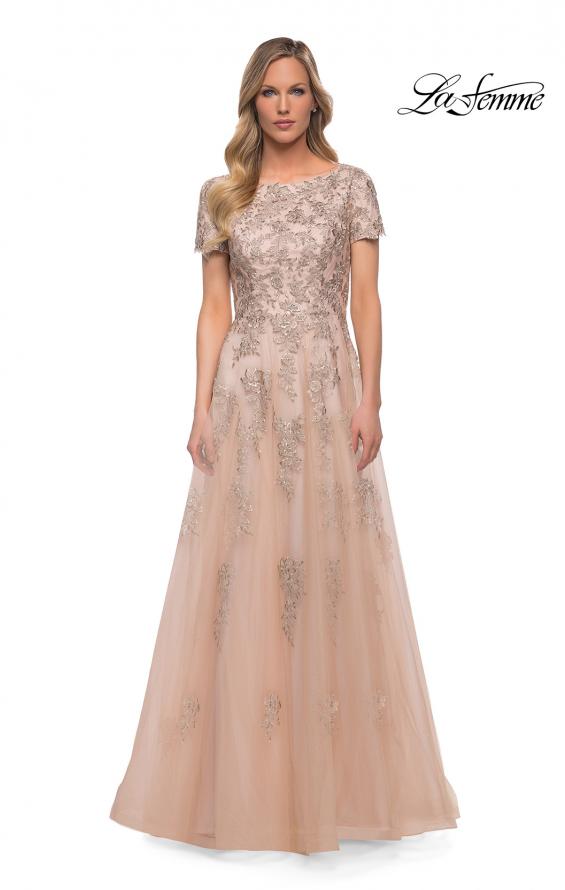Picture of: A Line Tulle and Lace Gown with Short Sleeves in Nude, Main Picture