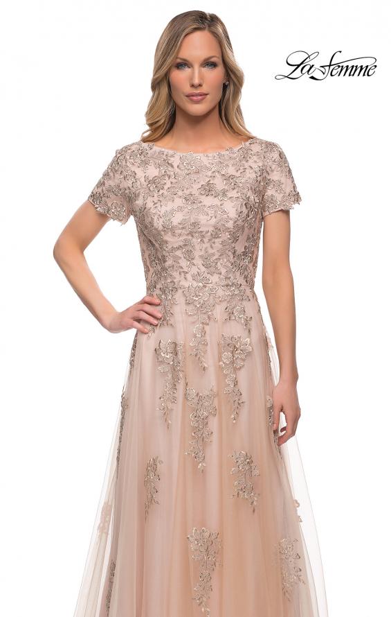 Picture of: A Line Tulle and Lace Gown with Short Sleeves in Nude, Detail Picture 1