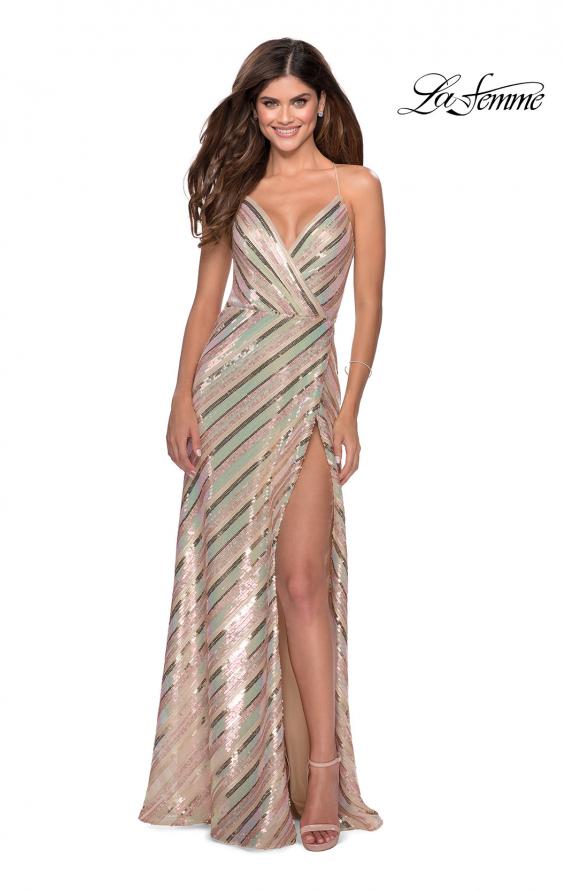 Picture of: Multi-Colored Striped Sequin Faux Wrap Prom Dress in Nude, Style: 28717, Main Picture