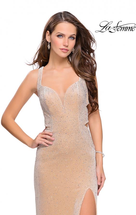 Picture of: Velvet Prom Dress Covered in Rhinestones with Side Cut Outs in Nude, Style: 25266, Main Picture
