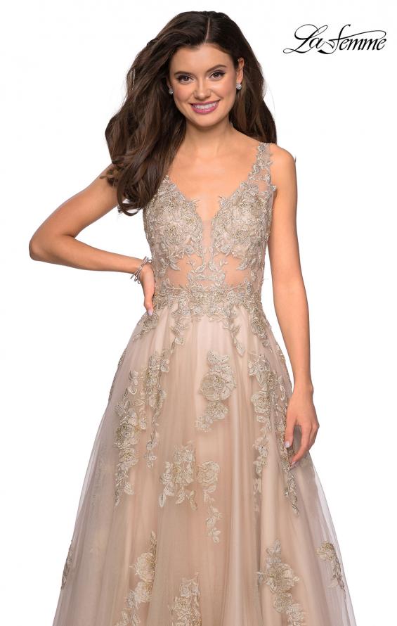 Picture of: Sheer Bodice Prom Dress with Floral Embellishments in Nude, Style: 27647, Main Picture