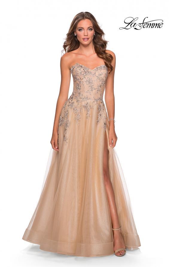 Picture of: Strapless Tulle Dress with Cascading Floral Detail in Nude, Style: 28599, Main Picture