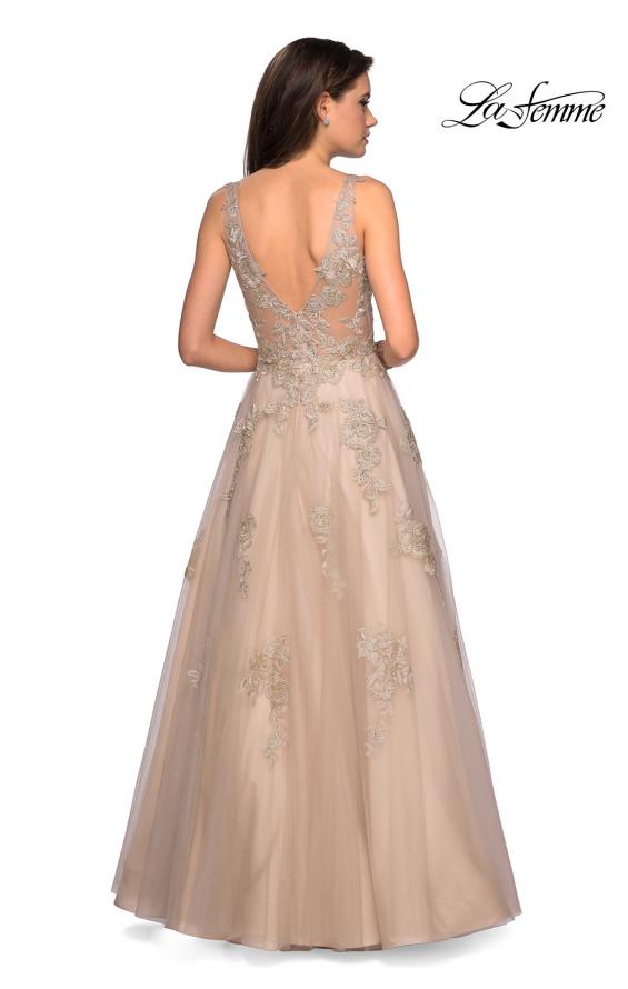Picture of: Sheer Bodice Prom Dress with Floral Embellishments in Nude, Style: 27647, Back Picture