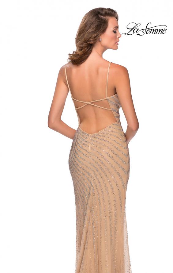 Picture of: Long Luxe Beaded Dress with Slit and Open Back in Nude, Style: 28646, Back Picture