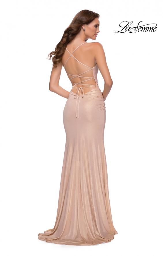 Picture of: Metallic Jersey Long Prom Dress with Lace Up Back in Nude, Style 29915, Back Picture