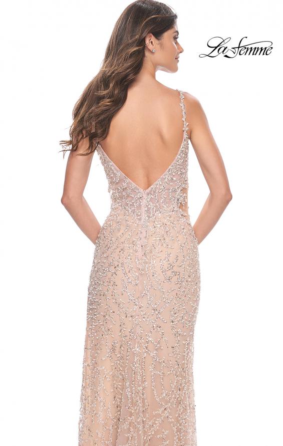 Picture of: Beaded Fitted Prom Gown with Sheer Side and V Neckline in Nude, Style: 32103, Back Picture