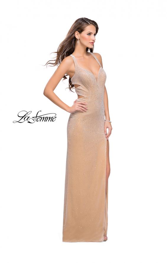 Picture of: Velvet Prom Dress Covered in Rhinestones with Side Cut Outs in Nude, Style: 25266, Detail Picture 1