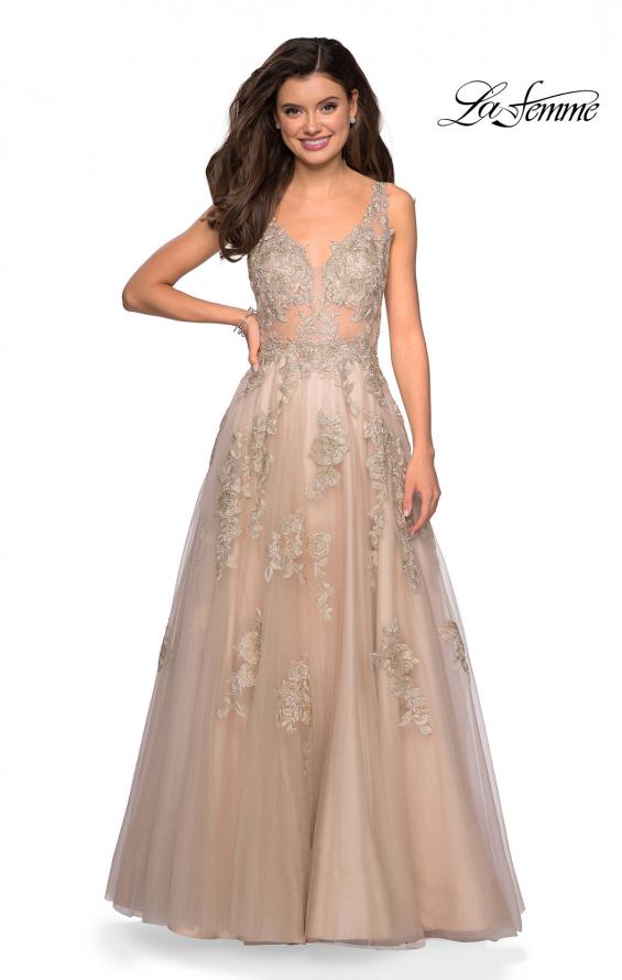 Picture of: Sheer Bodice Prom Dress with Floral Embellishments in Nude, Style: 27647, Detail Picture 1