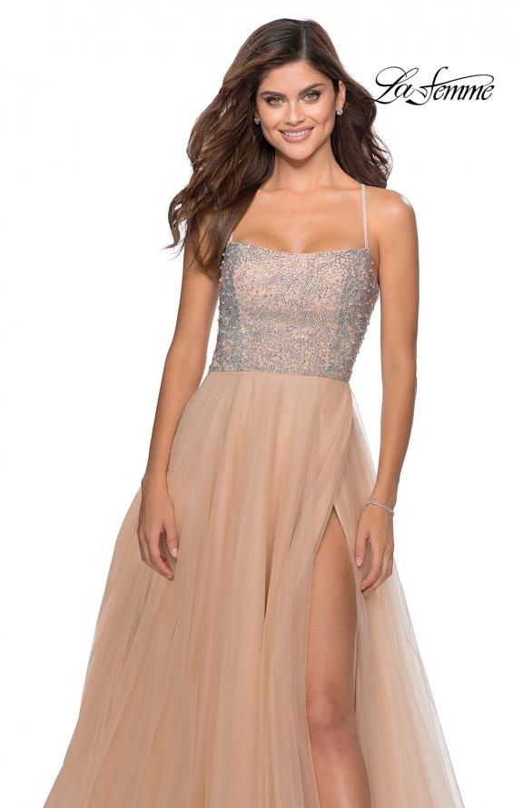Picture of: Long Tulle Ball Gown with Beaded Bodice and Slit in Nude, Style: 28530, Detail Picture 2