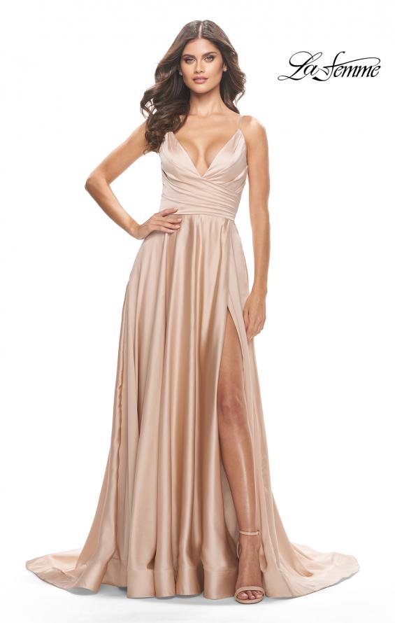 Picture of: A-Line Satin Gown with Ruched Bodice and V Neck in Nude, Style: 31505, Detail Picture 3
