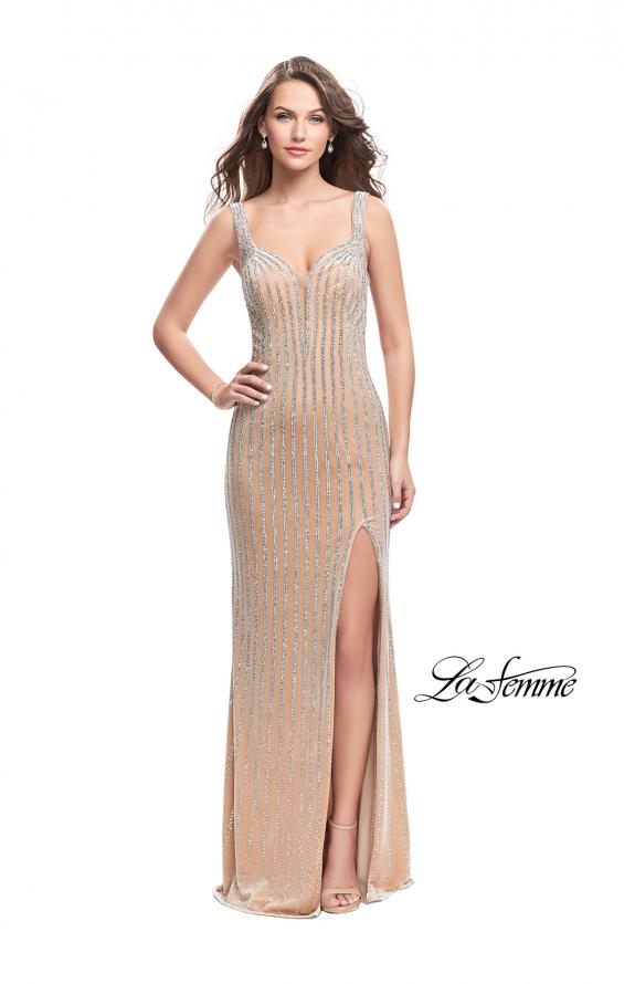 Picture of: Form Fitting Metallic Beaded Prom Dress with Cutouts in Nude, Style: 25569, Detail Picture 2