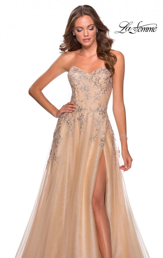 Picture of: Strapless Tulle Dress with Cascading Floral Detail in Nude, Style: 28599, Detail Picture 4