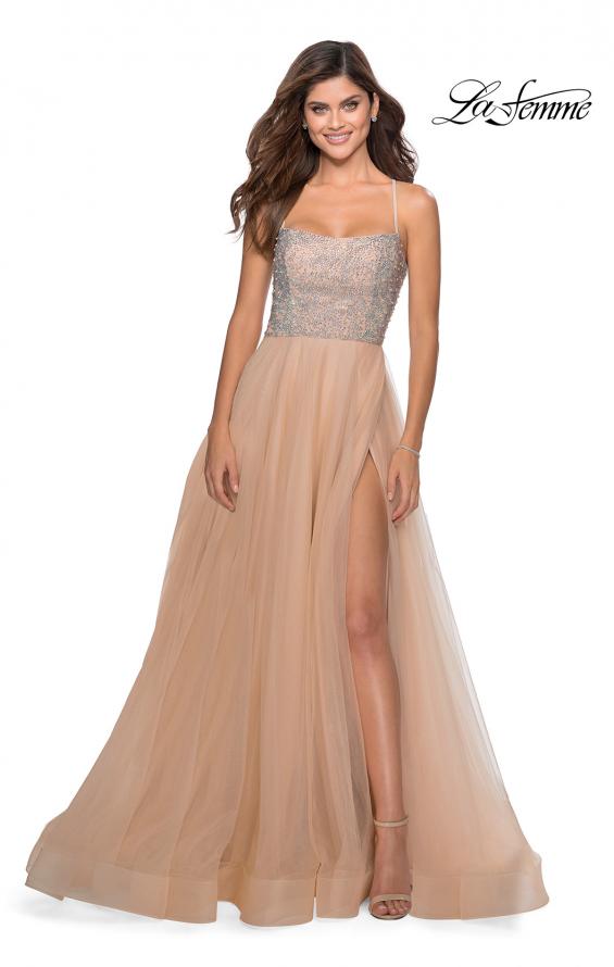 Picture of: Long Tulle Ball Gown with Beaded Bodice and Slit in Nude, Style: 28530, Detail Picture 7