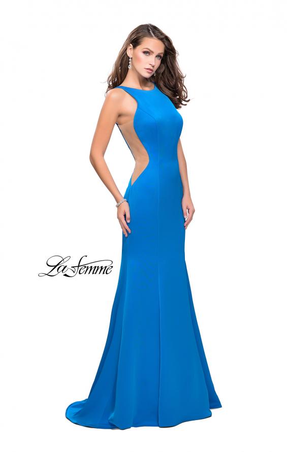 Picture of: Satin Mermaid Prom Gown with Mesh and Scoop Back in Ocean Blue, Style: 26076, Main Picture