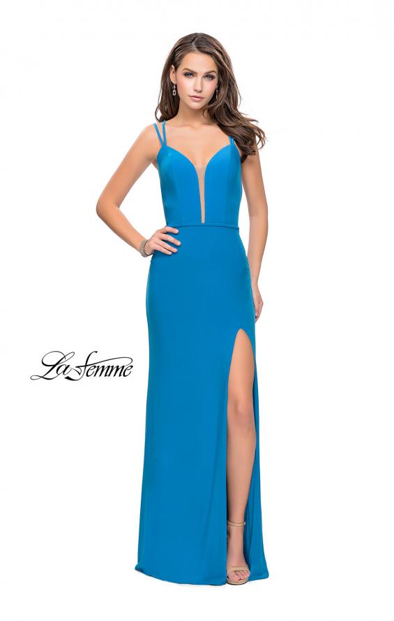 Picture of: Form Fitting Jersey Prom Dress with Side Leg Slit in Ocean Blue, Style: 25725, Detail Picture 3
