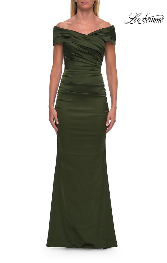 Picture of: Off-the-Shoulder Ruched Satin Evening Gown in Olive, Style: 33620, Main Picture